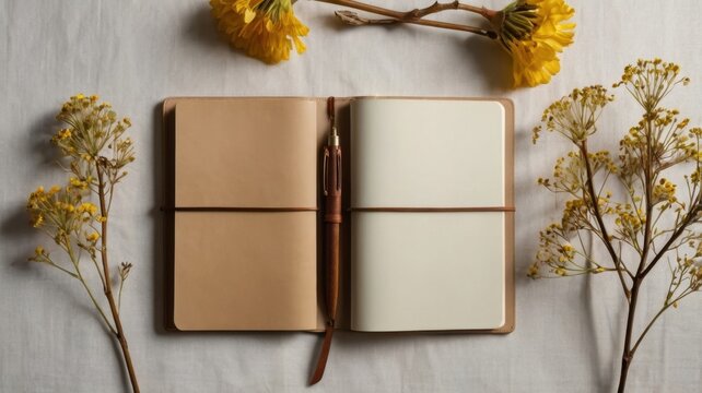 Open journal with a pen surrounded by yellow flowers on a white surface in a flat lay style