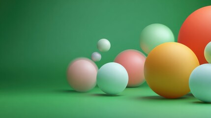 Colorful spheres of various sizes and shades against a vivid green background, composition