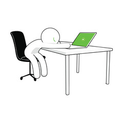 Tired stick figure slumped over a desk with a laptop depicting burnout exhaustion and the struggles of working long hours or dealing with demanding tasks