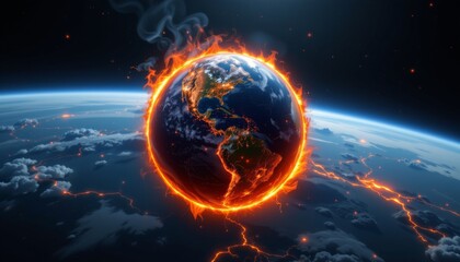 Burning earth globe engulfed in flames outer space digital artwork sci-fi environment aerial view climate change concept