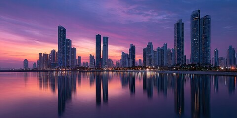 Fototapeta premium Sunrise over a city reflected in calm water