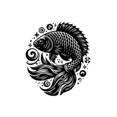 Ornate Black and White Koi Fish with Swirling Decorative Elements.