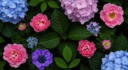 Overhead view of a macro floral composition with roses, anemones, hydrangeas, green foliage, and scattered dewdrops – Aesthetic flower texture