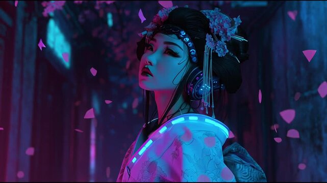 A cyberpunk geisha in a dimly lit alley, cherry blossom petals floating around her in neon light, traditional kimono with futuristic LED accents, serene expression as if feeling the music, blending