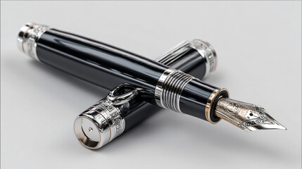 Shiny metal fountain pen on white background