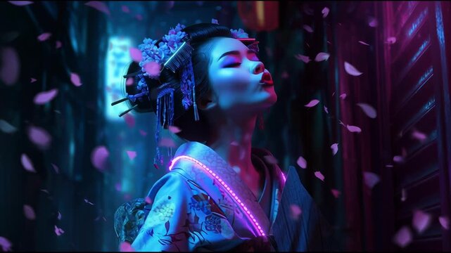A cyberpunk geisha in a dimly lit alley, cherry blossom petals floating around her in neon light, traditional kimono with futuristic LED accents, serene expression as if feeling the music, blending