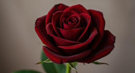 Close-up of a dramatic, velvety dark red rose flower blossom