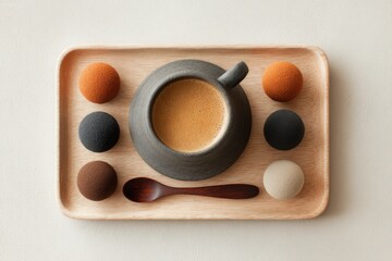 Artistic arrangement of stones and soup on a wooden tray
