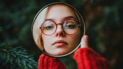 Woman looking at herself in a round mirror