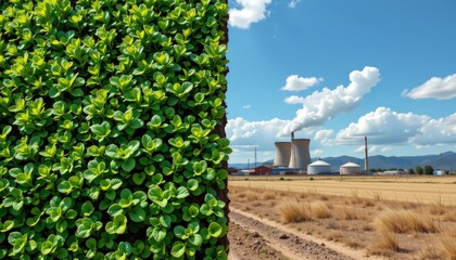 Fototapeta premium Contrasting vibrant green foliage wall against industrial landscape rural setting photography bright day environmental awareness
