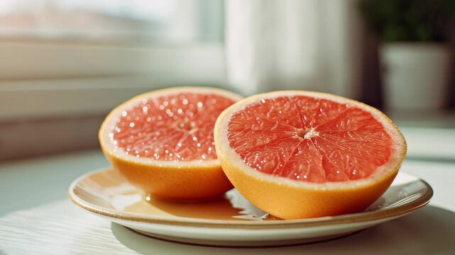 Juicy Grapefruit Halves on Ceramic Plate with Sunlight Streaming, Fresh Citrus Fruit Glistening in Sunlight, Capturing Juicy Freshness
