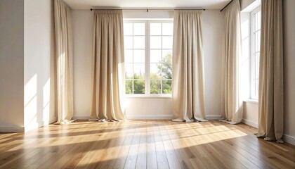 Bright Empty Room with Large Windows and Beige Curtains