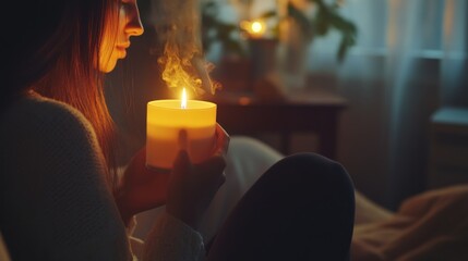 Woman holding candle in soft light