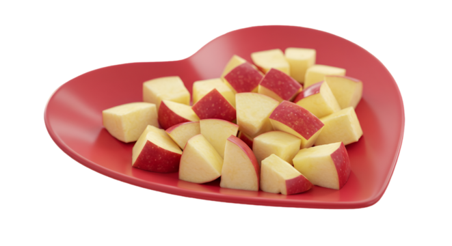 Isolated Photo of Apple Cubes on Red Heart Dish Isolated Background