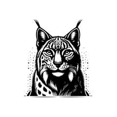 Striking Black and White Linocut Style Portrait of a Fierce Lynx.