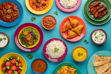 Top-down view of a vibrant Indian meal spread featuring curries, rice, samosas, naan, salad, and chutneys, all served in colorful bowls and plates for an appealing and hearty feast.