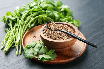 Coriander seeds in bowl, spoon and fresh cilantro leaves on dark textured table, closeup