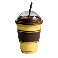 Yellow smoothie in a disposable cup with lid and straw isolated on transparent background