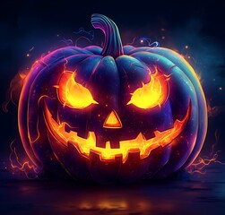 Naklejka premium Glowing Jack O Lantern with Fiery Eyes and Mouth on Dark Background halloween pumpkin