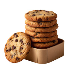 Stack of chocolate chip cookies in a cardboard holder isolated on transparent background