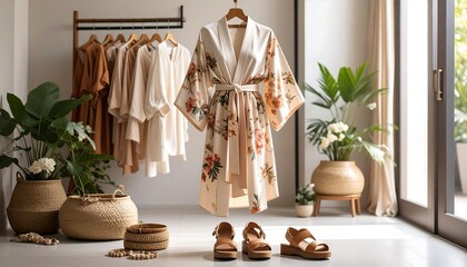 Stylish Beige Floral Kimono Displayed in a Modern Dressing Room