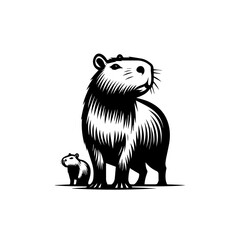 Stylized Black and White Capybara and Baby Illustration.