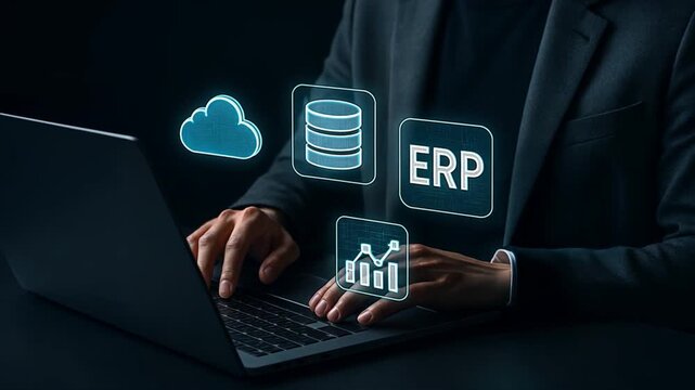 A businessman typing on a laptop with floating digital icons for ERP around their hands, Enterprise Resource Planning System, erp, sap