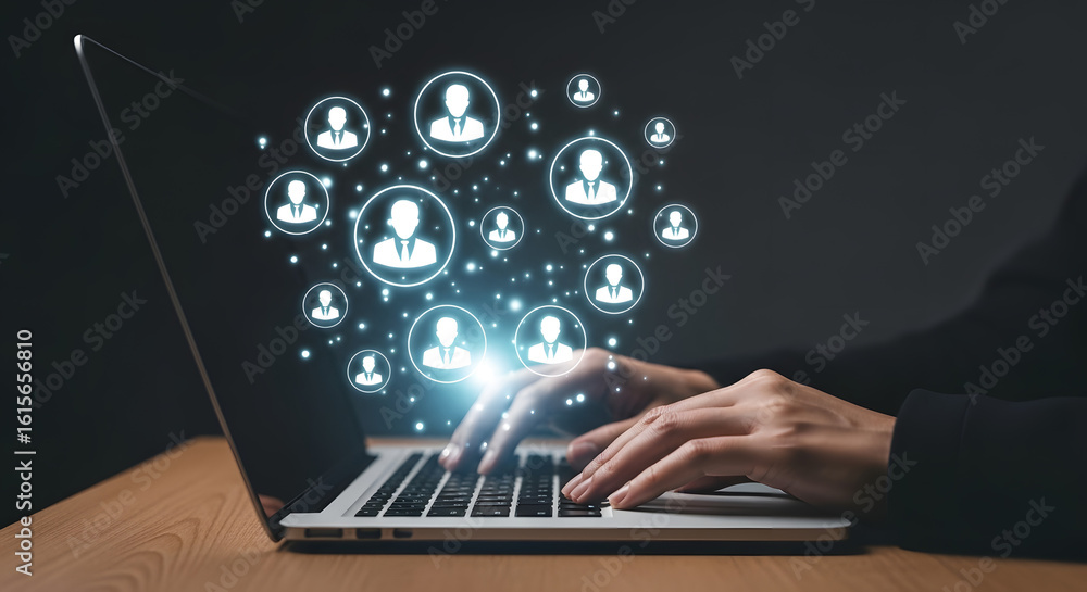Poster close-up of hands typing on a laptop, with digital user icons hovering above the keyboard.