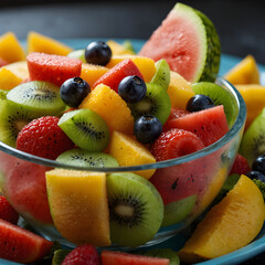 Fruit Salad: A fruit salad made with fresh summer fruits. A colorful blend of watermelon, melon, kiwi, and peach, topped with a refreshing dressing.