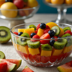 Fruit Salad: A fruit salad made with fresh summer fruits. A colorful blend of watermelon, melon, kiwi, and peach, topped with a refreshing dressing.