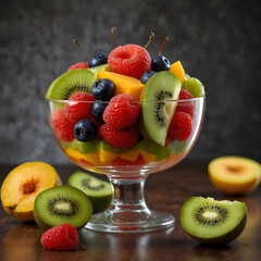Fruit Salad: A fruit salad made with fresh summer fruits. A colorful blend of watermelon, melon, kiwi, and peach, topped with a refreshing dressing.