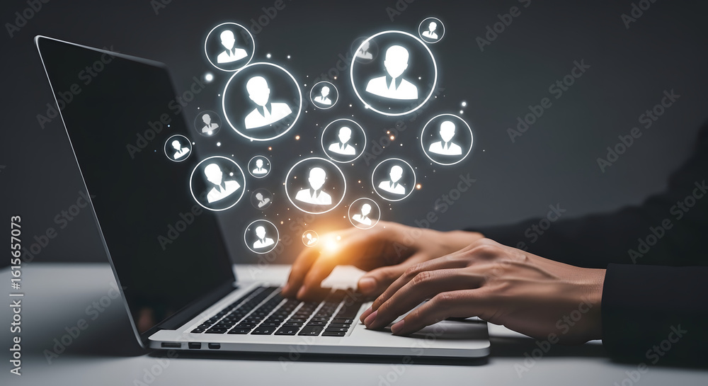 Poster a person using a laptop with digital user icons hovering above the keyboard, suggesting online conne