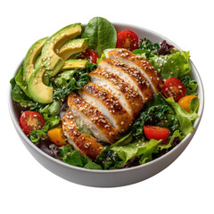Grilled chicken salad with avocado and tomatoes isolated on transparent background