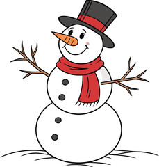 cartoon snowman character. Festive winter vector illustration of a snowman wearing a top hat, a colorful scarf, and having leafy branches for arms Isolated on transparent background