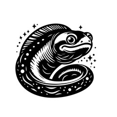 Stylized Black and White Illustration of a Curled Eel with Sparkles.