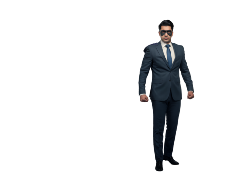 Isolated Photo Of Business Man In Suit With Sunglasses On Black Background