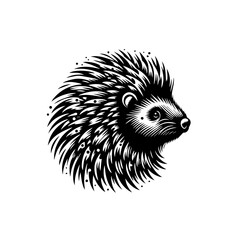 Stylized Black and White Illustration of a Hedgehogs Head.