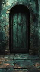 Fototapeta premium Old Wooden Door in Stone Archway with Weathered Walls