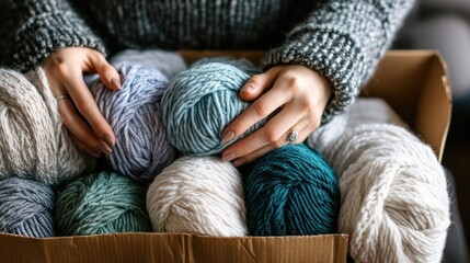 Woman holding yarn balls in a box