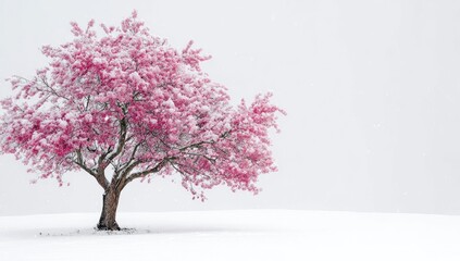 Obraz premium Pink blossom tree in winter snow