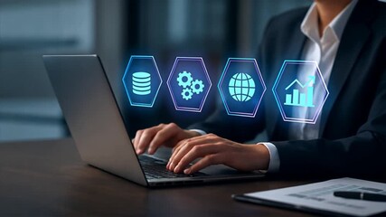 A professional types on a laptop with floating business icons like global supply chain and data analytics in a minimalist office, Enterprise Resource Planning System, erp, sap - Powered by Adobe