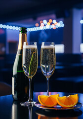 Two elegant glasses filled to the brim and an uncorked bottle of sparkling champagne. AI-Generated