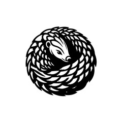Stylized Black and White Pangolin Curled in Protective Ball Shape.