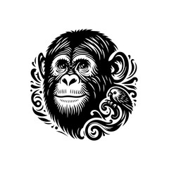 Stylized Black and White Portrait of a Chimpanzee with a Bird.