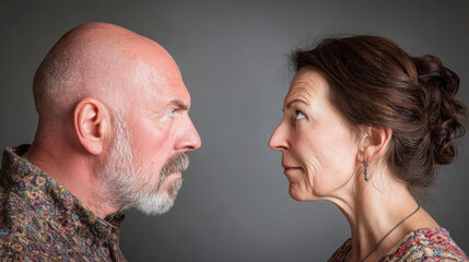 Fototapeta premium Middle aged couple engaged in a heated argument revealing deep emotions on a gray backdrop