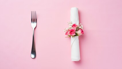 Elegant Silver Fork and Napkin with Pink Roses A Formal Table Setting for a Special Occasion on a Soft Pink Background