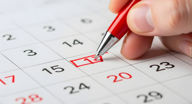 A hand holding a red pen marks a date on a calendar, highlighting the day.