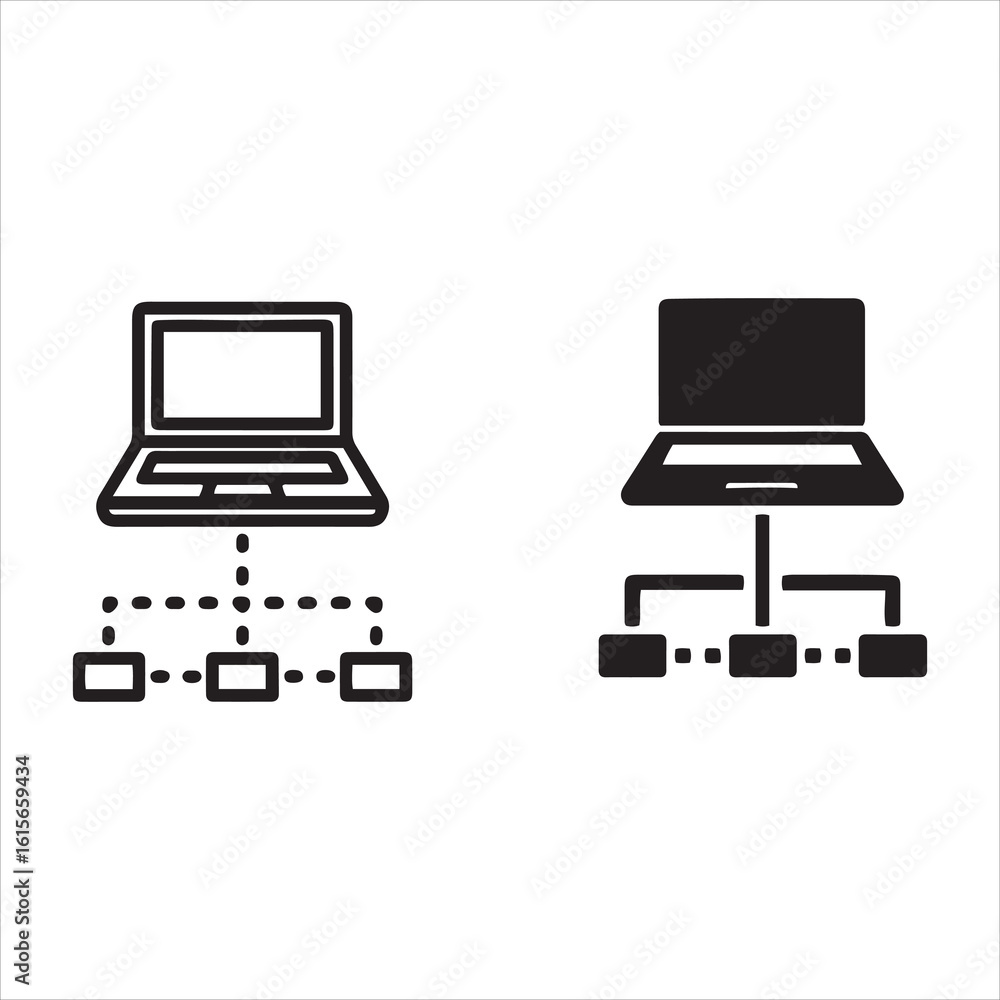 Poster laptop connected to network devices simple line art and filled icons