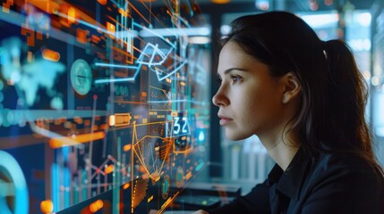 Woman analyzing data displays