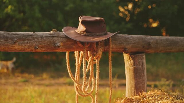Brown leather cowboy hat lies on wooden fence with rope. Close-up shot object clothes accessory item cowgirl western country style wild west. Concept farming rodeo ranch. Summer nature sun light flare